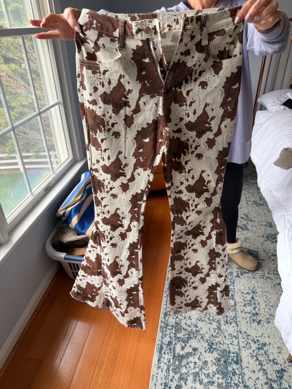 Brown and White Cow Print Flare Jeans